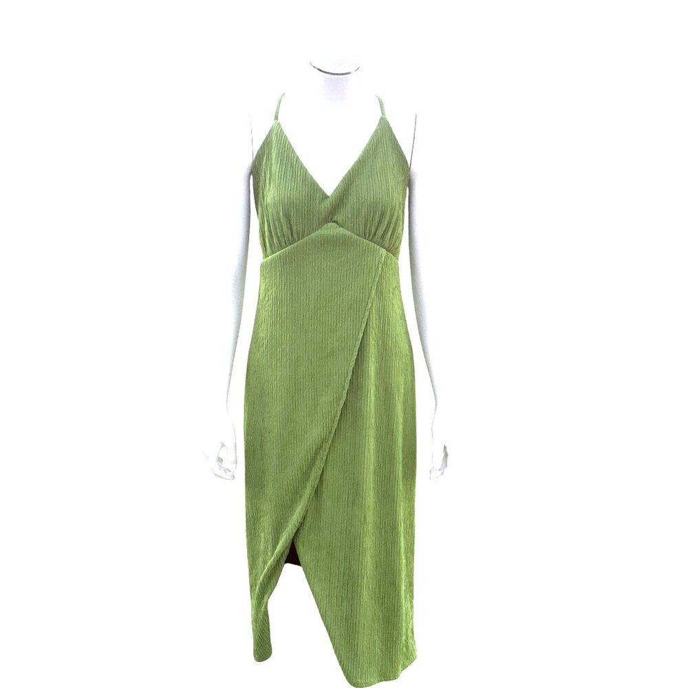 Lulus Small Lime Green Pleated Wrap Midi Summer Dress Bow Back Spaghetti Straps - Picture 2 of 10